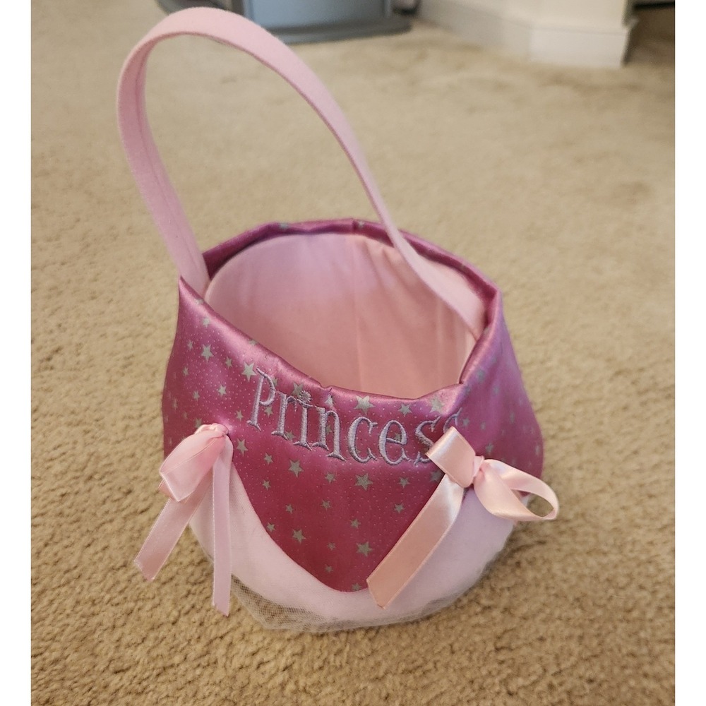 Pink Princess Plush Basket Silver Stars Tulle Trim Halloween Easter Tote Bag VTG